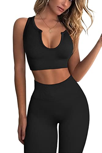 QINSEN Workout Outfits for Women 2 Piece Ribbed Seamless Crop Tank High Waist Yoga Leggings Sets