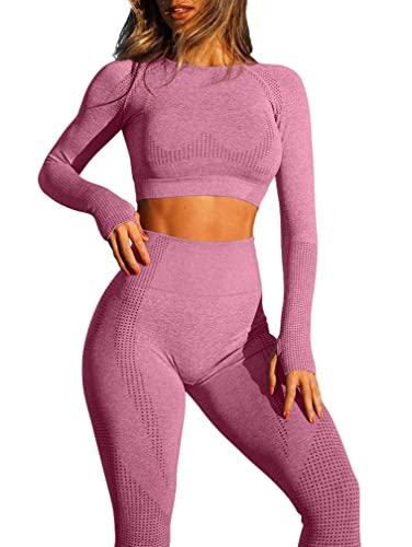 OQQ Women Exercise Outfit 2 Piece Seamless High Waist Leggings Long Sleeve Crop Top Yoga Set