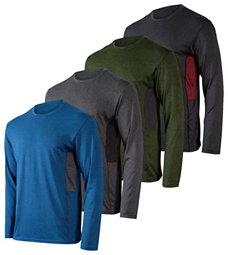 4 Pack: Men's Dry-Fit Moisture Wicking Performance Long Sleeve T-Shirt, UV Sun Protection Outdoor Active Athletic Crew Top