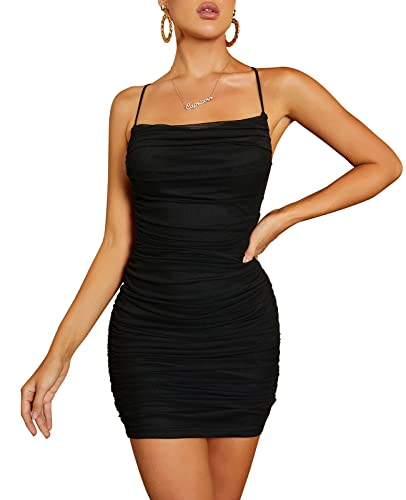 KUTUMAI Women's Ruched Bodycon Mini Dress Summer Spaghetti Strap Party Club Dresses