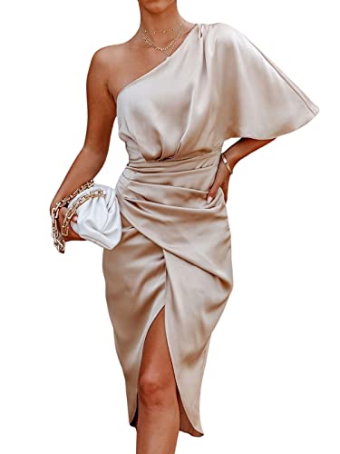 CUPSHE Women Satin Dress Backless One Shoulder Flared Short Sleeves Midi High Low Hem Cocktail Party Dress Zipper