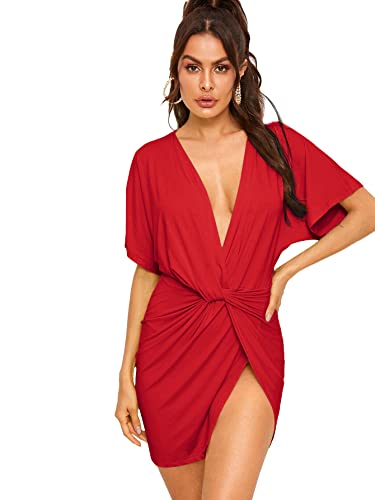 Floerns Women's Deep V Neck Twisted Plunging High Slit Mini Party Dress