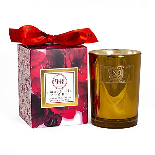 HB HEALTH BEAUTY BOTANICALS Luxury Amaryllis Rouge Soy Candle . Highly Scented RichFragrance in 7.5 Oz Glossy Gold Glass. Beautiful Gold Embossed Gift Box. Fully Gift Wrapped. Safe W