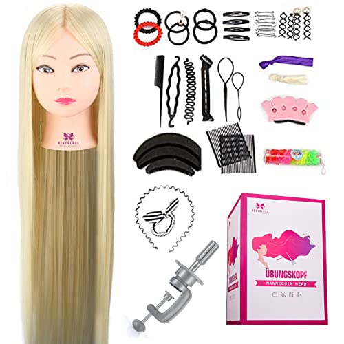 Neverland Beauty 30'' Mannequin Head Hair Styling Synthetic Fiber Training Head Manikin Cosmetology Doll Head Hairdresser Practice Styling with Braided Tools and Table Clamp