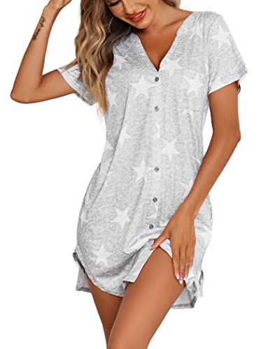 Ekouaer Women‘s Nightgown Sexy Button Down Sleep Dress Short Sleeve Night Shirt V Neck Sleepwear