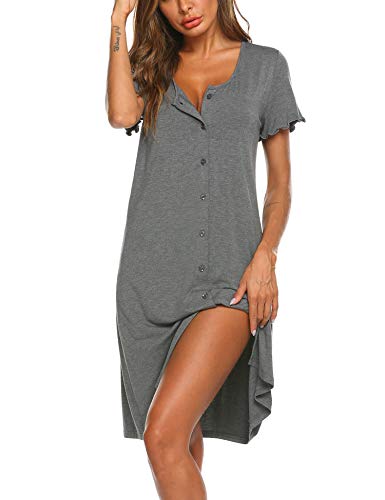 Ekouaer Women's Nightshirt Short Sleeve Button Down Nightgown V-Neck Sleepwear Pajama Dress