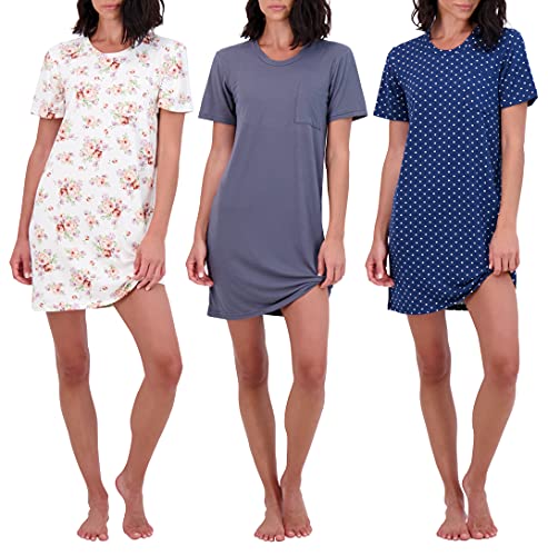 Real Essentials 3 Pack: Women's Nightshirt Short Sleeve Soft Nightgown Sleep Dress With Pocket (Available In Plus Size)