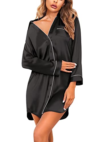 Ekouaer Women's Long Sleeve Satin Sleepshirt Button Down Nightgowns Silk Nightshirt Pajama Top Sleepwear S-XXL