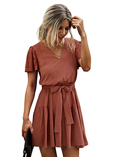 SOLY HUX Women's Casual V Neck Butterfly Short Sleeve High Waist Ruffle Hem Belted Dress