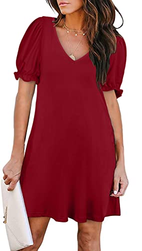 Aloodor Women's Casual Dresses Short Sleeve V-Neck Dress with Pockets