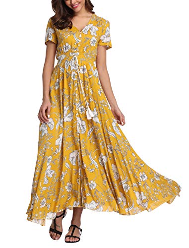 V Fashion Women's Floral Maxi Dress Button Up Split Summer Boho Long Beach Dress