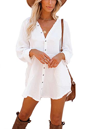 iGENJUN Women's Long Sleeve Beach Cover-ups Button Down Oversized Tunic Dress Shirt Boho Dresses with Pockets