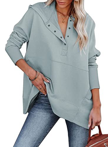 AlvaQ Women Casual Button V Neck Hoodies Oversized Pullover Sweatshirt Hooded Tops with Pockets