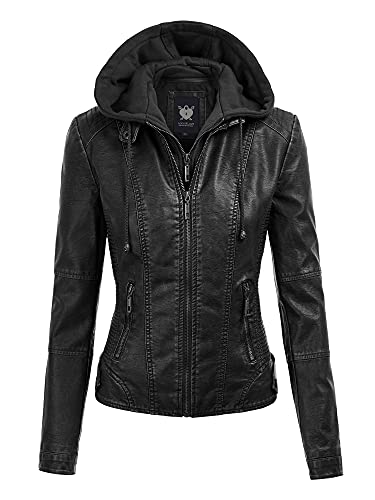 Lock and Love Women's Removable Hooded Faux Leather Jacket Moto Biker Coat