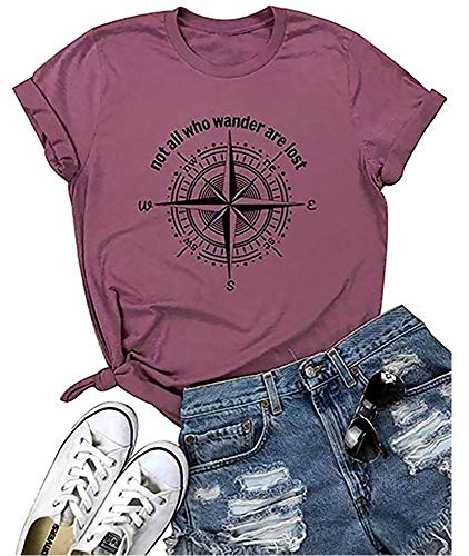 Womens Not All Who Wander are Lost T-Shirt Workout Shirts Summer Funny Letters Compass Graphic Casual Tops Athletic Tee