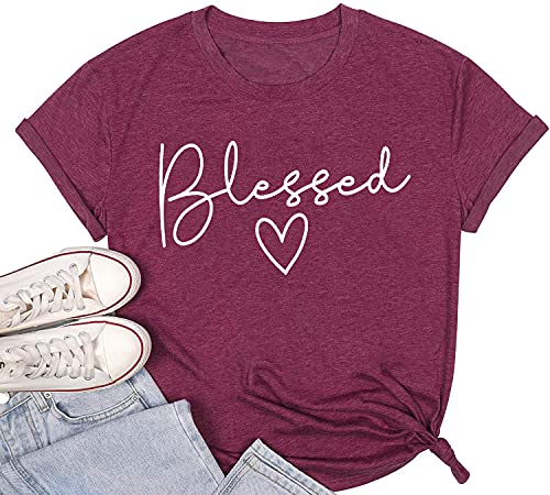 Blessed T-Shirt for Women Cute Simple Sayings Heart Graphic Letter Print Shirts Casual Short Sleeve Thankful Tee Tops