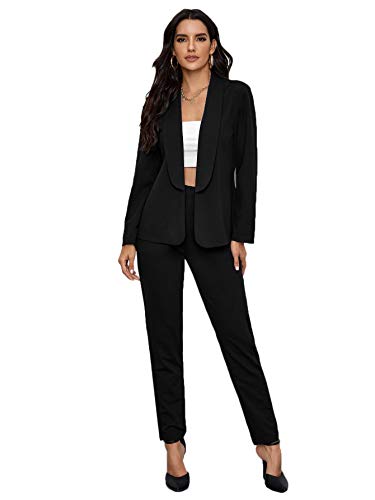 SheIn Women's Open Front Solid Blazer Two Piece Slant Pocket Pants Set Outfits