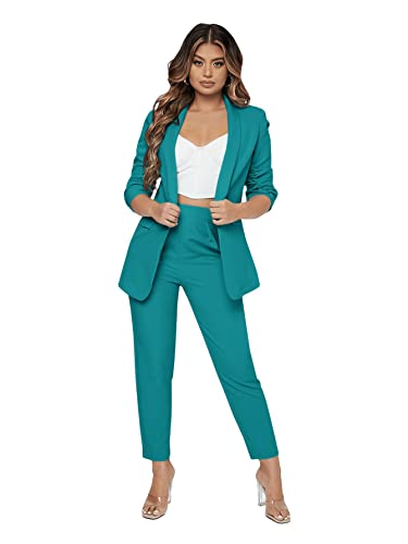 SweatyRocks Women's 2 Piece Solid Ruched Sleeve Blazer and Pants Business Office Suit Set