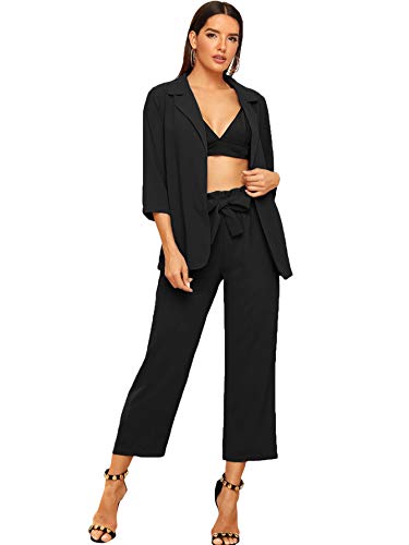 SheIn Women's 2 Piece Outfit Notched Neck 3/4 Sleeve Blazer and Wide Leg Belted Pants Set