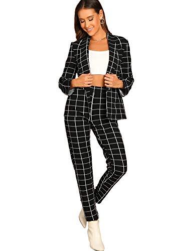 SheIn Women's Two Piece Plaid Open Front Long Sleeve Blazer and Elastic Waist Pant Set Suit