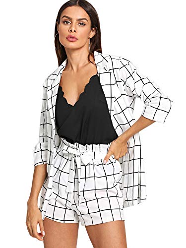 SheIn Women's 2 Pieces Outfits Plaid 3/4 Sleeve Blazers and Tie Waist Shorts Set