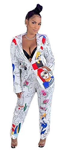 Womens Sexy 2 Pieces Graffiti Print Blazer Suit Pants Set Nightclub Tracksuit Outfit Set