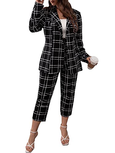 WDIRARA Women's Plus Size 2 Piece Outfit Plaid Button Front Blazer and Pants Set