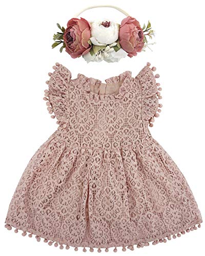 BGFKS Baby Girl Tutu Dress Elegant Lace Pom Pom Flutter Sleeve with Flower Headband Set