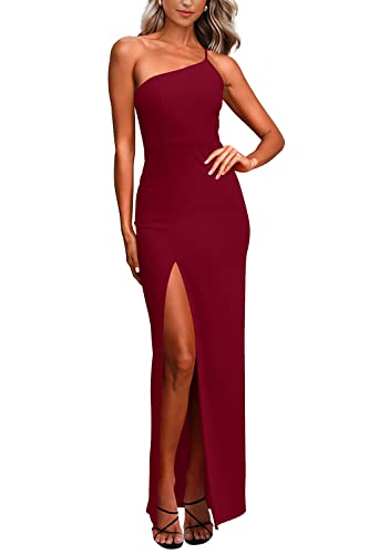 PRETTYGARDEN Women's Summer Formal Wedding Guest Dresses One Shoulder Spaghetti Strap High Slit Maxi Bodycon Dress