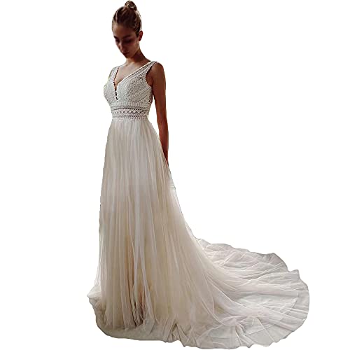 Women's Wedding Dresses Illusory Lace Bohemia V Neck Layers Tulle A Line Beachy Wedding Gowns…