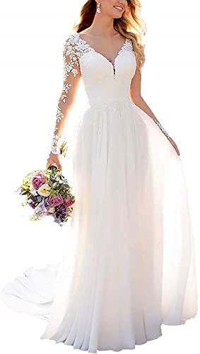 Clothfun Women's Lace Mermaid Beach Wedding Dresses for Bride 2023 with Sleeves Bridal Gowns Long