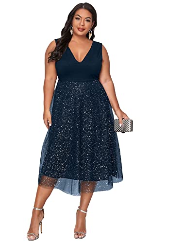 Floerns Women's Plus Size V Neck Sleeveless Contrast Mesh Evening Midi Dress