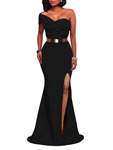 LAGSHIAN Women's Sexy Elegant Off Shoulder High Split Formal Bodycon Long Party Dress