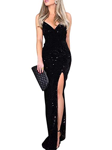 BerryGo Women's Sexy V Neck Bodycon Sequin Gown Evening Dress with Slit