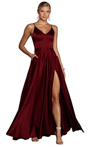 SMORBRID Women's Spaghetti Strap Prom Dresses Long with Pockets Satin Formal Evening Party Gowns with Slit