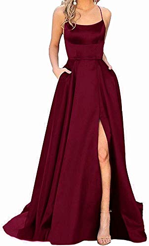 Women's Halter Prom Dresses Long Side Spilt Backless Satin Formal Evening Gowns with Pockets