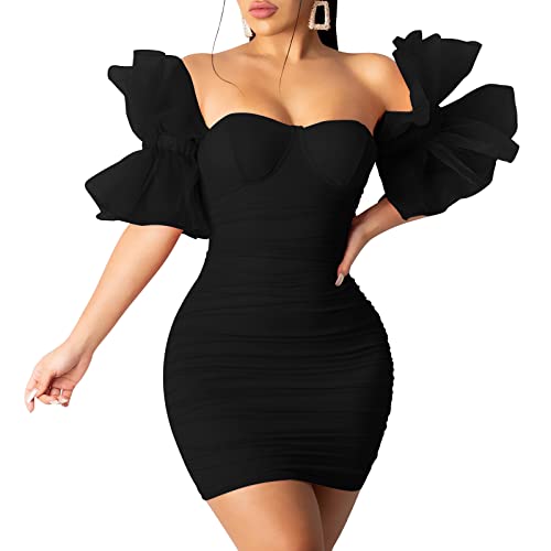 hibshaby Women Sexy Bodycon Dress Puff Sleeve Cocktail Evening Party Elegant Mini Dresses