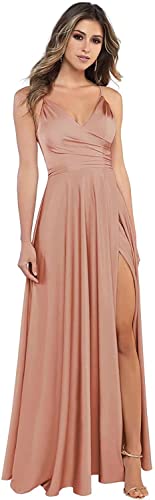 HSFIYAKJ V-Neck Bridesmaid Dresses Long Spaghetti Satin Slit Prom Formal Evening Party Dresses with Pockets