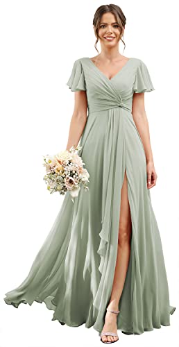 Women's V Neck Bridesmaid Dresses with Pockets Long Chiffon Pleated High Waist Formal Dress with Split CX206