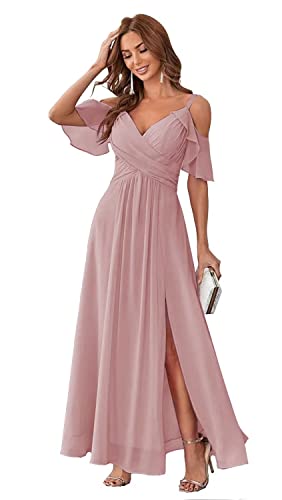 Alikey Women's Off The Shoulder Chiffon Bridesmaids Dresses with Slit Long Formal Party Dress