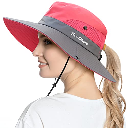 Womens Ponytail Sun Hat UV Protection Wide Brim Foldable Summer Beach Fishing Hats