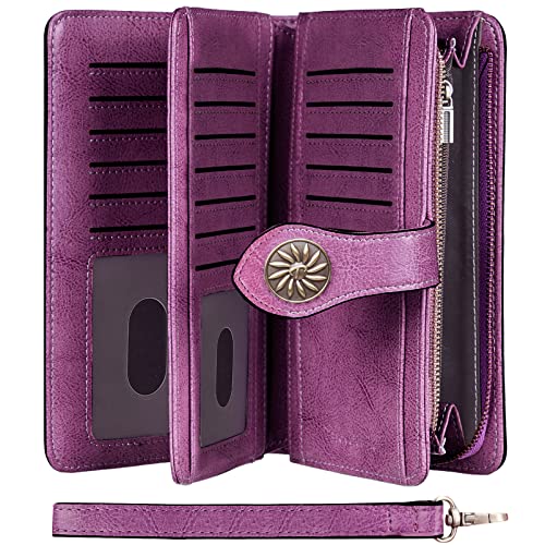 Travelambo Womens Wallet Large Capacity RFID Blocking Genuine Leather Wristlet Wallets