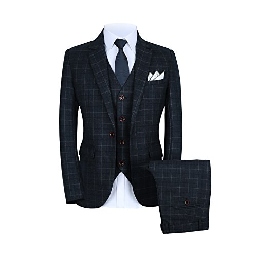 MOGU Mens 3 Piece Slim Fit Plaid Suit Blazer+Vest+Pants