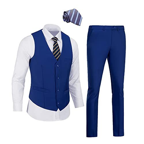 XUELC Men Suits 2 Pieces Vest+Pants+Tie Set V-Neck Slim Fit Casual Waistcoat Suit