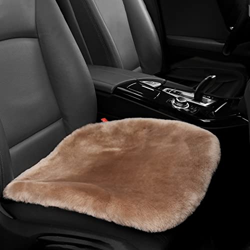 IRIWOOL Luxury Genuine Sheepskin Auto Seat Cover, Soft Wool Seat Pad Warm for Car and Office Chair Non-Slip Universal Fit, 19.2 Inch x19.2 Inch (Front seat Cushion 1pc, Light Brown)