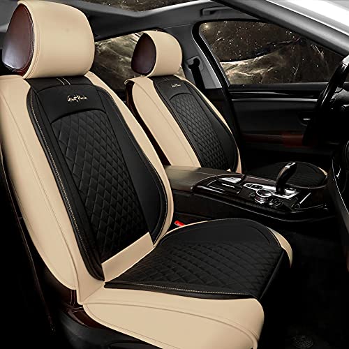 GIANT PANDA Luxury Leather Front Car Seat Covers for Most Cars, SUV, Mini Van and Pickup Beige/Black(1 Pair)