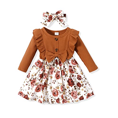 PATPAT Baby Girl Dress Infant Girls Long Sleeve Fall Casual Dress Round Neck Floral Print A-Line Dress