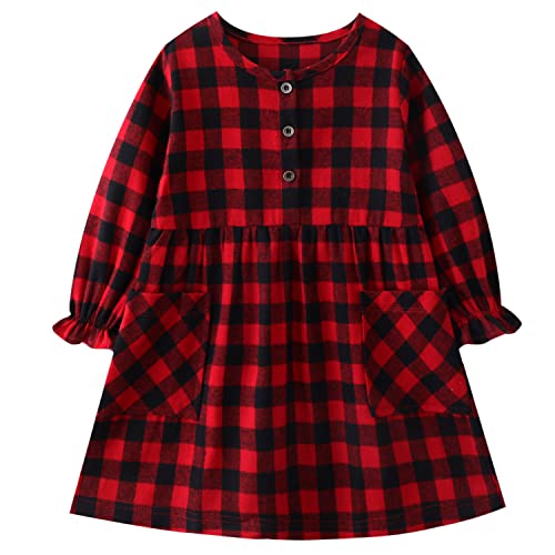 SCORVI Toddler Girls Dress Autumn/Winter Cotton Long Sleeve Plaid Dress 2-7T