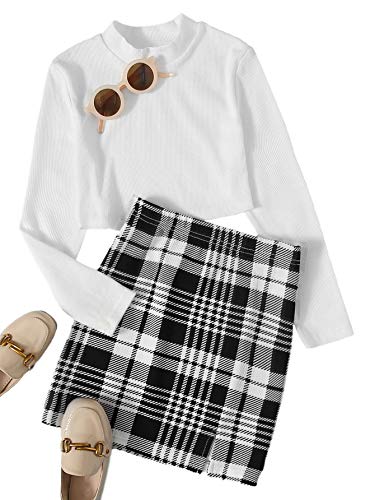 Romwe Girl's Ribbed Long Sleeve Crop Tops and Plaid Pencil Skirt Sets Outfit