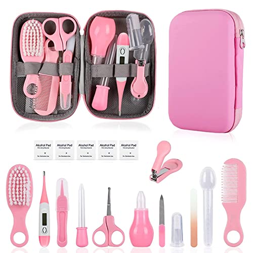 Baby Grooming Kit, Infant Safety Care Set with Hair Brush Comb Nail Clipper Nasal Aspirator Ear Cleaner,Baby Essentials Kit for Newborn Girls Boys (Pink Baby Grooming kit)